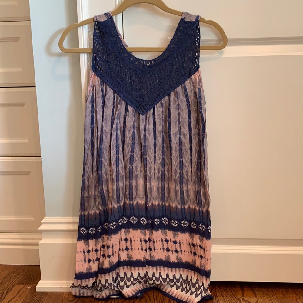 Blue and pink detailed comfortable fabric dress